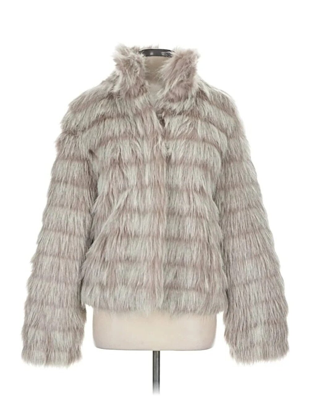 Betsey Johnson Gray Plush Faux Fur Coat M Animal Print Lined High Collar Y2K - Picture 2 of 13